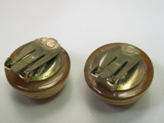 Vintage Domed Amber Stud Clip Earrings, Hong Kong, Resin or Celluloid - Bakelite - 3/4"
