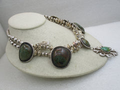Vintage Southwestern Sterling Turquoise Squash Blossom-like Necklace, 17" (WB)