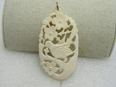 Carved Asian Bird & Flowers Pendant, 2-7/8" Long, Oval, Cutout