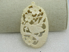 Carved Asian Bird & Flowers Pendant, 2-7/8" Long, Oval, Cutout