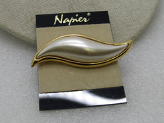Vintage Napier Faux Pearl Brooch, Curved/Pointed, 2.75", Gold Tone, 1980's