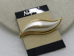 Vintage Napier Faux Pearl Brooch, Curved/Pointed, 2.75", Gold Tone, 1980's