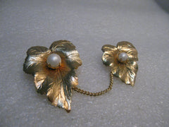 Vintage Double Leaf w/Chain Brooch/Sweater Guard, Sarah Coventry, late 1950's, Convertible,  Faux Pearl