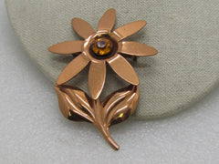 Vintage Copper Floral Brooch, Gold Rhinestone Center, 3.5" tall, 1940's-1950's