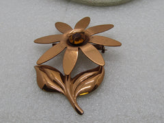 Vintage Copper Floral Brooch, Gold Rhinestone Center, 3.5" tall, 1940's-1950's