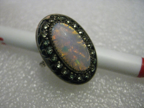 Vintage Sterling Opal Southwestern Ring, Rhinestone Frame, signed MA, size 4