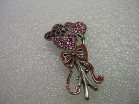 Vintage Rhinestone Heart Balloon Bouquet Brooch, Pink and Red