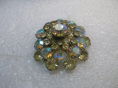 Vintage Yellow & Purple Rhinestone Brooch, Aurora Borealis, Domed, 1.75"