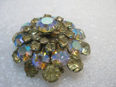 Vintage Yellow & Purple Rhinestone Brooch, Aurora Borealis, Domed, 1.75"