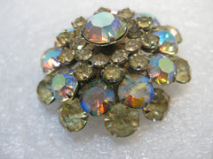 Vintage Yellow & Purple Rhinestone Brooch, Aurora Borealis, Domed, 1.75"