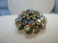 Vintage Yellow & Purple Rhinestone Brooch, Aurora Borealis, Domed, 1.75"