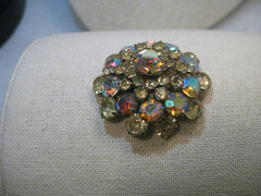 Vintage Yellow & Purple Rhinestone Brooch, Aurora Borealis, Domed, 1.75"