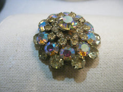 Vintage Yellow & Purple Rhinestone Brooch, Aurora Borealis, Domed, 1.75"