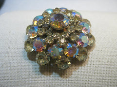 Vintage Yellow & Purple Rhinestone Brooch, Aurora Borealis, Domed, 1.75"