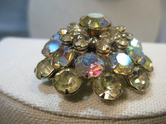 Vintage Yellow & Purple Rhinestone Brooch, Aurora Borealis, Domed, 1.75"