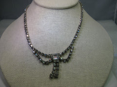 Vintage Rhinestone Bib Necklace, Silver Tone, Art Deco Style, 16"