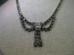 Vintage Rhinestone Bib Necklace, Silver Tone, Art Deco Style, 16"