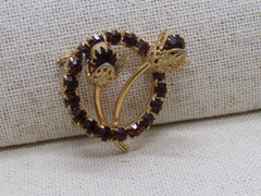 Vintage Gold Rhinestone Circle Brooch, Floral Stem Accents, 1.25", Gold Tone, 1960's