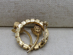 Vintage Gold Rhinestone Circle Brooch, Floral Stem Accents, 1.25", Gold Tone, 1960's