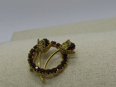 Vintage Gold Rhinestone Circle Brooch, Floral Stem Accents, 1.25", Gold Tone, 1960's