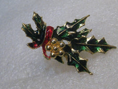 Vintage Enameled Holly Christmas Brooch, 2.5", 1960's-1970's, Gold Tone