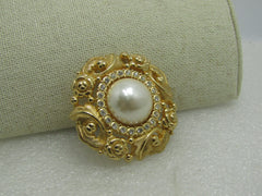Burberrys  Faux Pearl & Crystal Brooch, Victorian Themed, Gold Tone, 1.75",