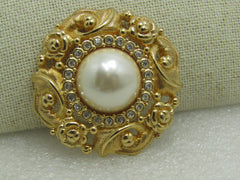 Burberrys  Faux Pearl & Crystal Brooch, Victorian Themed, Gold Tone, 1.75",