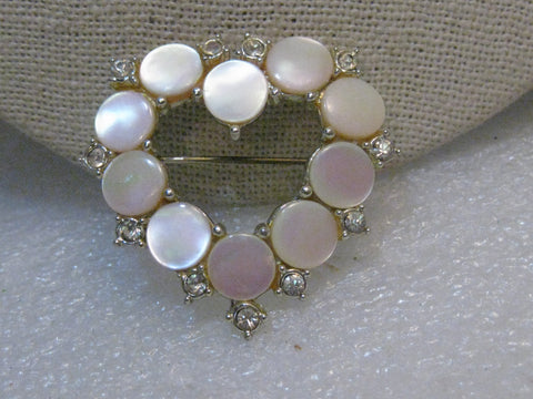 Vintage Mother-of-Pearl Heart Brooch w/Rhinestones, Pink, 1.5", Silver Tone, 1960's