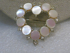 Vintage Mother-of-Pearl Heart Brooch w/Rhinestones, Pink, 1.5", Silver Tone, 1960's