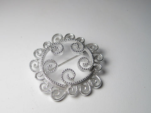 Vintage Silver Tone Spiral Scrolled Circle Brooch, Sarah Coventry, 1970's