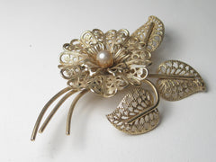 Vintage Gold Tone Filigree Blossom, Stem, & Leaves Brooch with Faux Pearl Center, Mid-Century, 3"