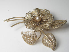 Vintage Gold Tone Filigree Blossom, Stem, & Leaves Brooch with Faux Pearl Center, Mid-Century, 3"