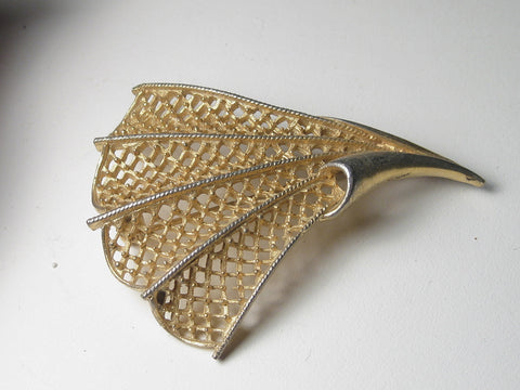 Vintage Gold Tone Filigree Fan Brooch, 1960's, 2.5"