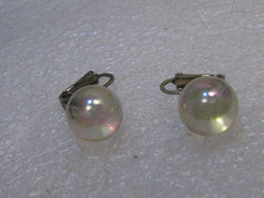 Vintage Iridescent Bubble Clip Earrings, marked sterling, 12.5mm
