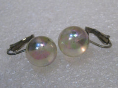 Vintage Iridescent Bubble Clip Earrings, marked sterling, 12.5mm