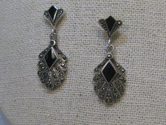 Sterling Silver Onyx Marcasite Pierced Earrings, Stud & Dangle, 1970's-1980's, 1-5/8", 8.56 gr.