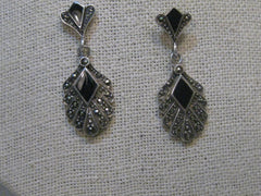 Sterling Silver Onyx Marcasite Pierced Earrings, Stud & Dangle, 1970's-1980's, 1-5/8", 8.56 gr.