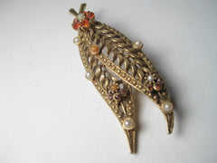 Vintage Gold Tone Mid-Century Open Double Leaf Brooch with faux pearl & gemstone accents, 2.5"