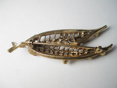 Vintage Gold Tone Mid-Century Open Double Leaf Brooch with faux pearl & gemstone accents, 2.5"
