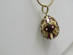 Vintage 14kt Gold Red White Guilloche Egg Necklace, 16"