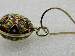 Vintage 14kt Gold Red White Guilloche Egg Necklace, 16"