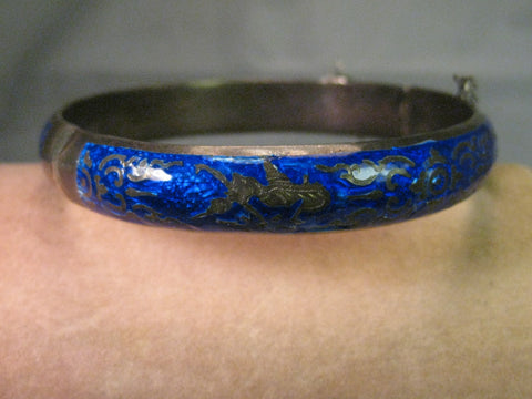 Vintage Siam Hinged Bangle Bracelet, Blue Enamel, Sterling Silver, 7.25"