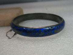 Vintage Siam Hinged Bangle Bracelet, Blue Enamel, Sterling Silver, 7.25"