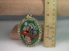 Vintage Pendant, Dual-Sided, Mirror & Green Decal Cameo-like Woman in Red Hat, 3"