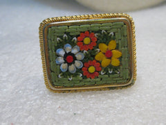 Vintage Micro Mosaic Ring, 1960's, Square, 1.25" X 1-1/8", Green, Adjustable, Italy