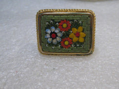 Vintage Micro Mosaic Ring, 1960's, Square, 1.25" X 1-1/8", Green, Adjustable, Italy