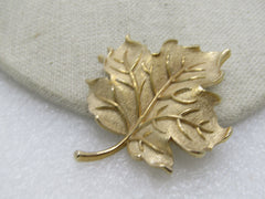 Vintage Crown Trifari Leaf Brooch, Gold Tone, Textured & Shiny, 1960's-1970's, 2.25"