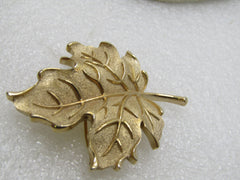 Vintage Crown Trifari Leaf Brooch, Gold Tone, Textured & Shiny, 1960's-1970's, 2.25"