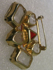Vintage Brooch, Clear & Red Heart, Triangular/Rectangular  Stones - 1980's.  Gold tone