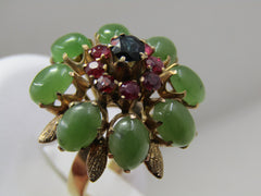 Vintage 18kt Jade Ruby Sapphire Ring, Sz. 6.75, Domed
